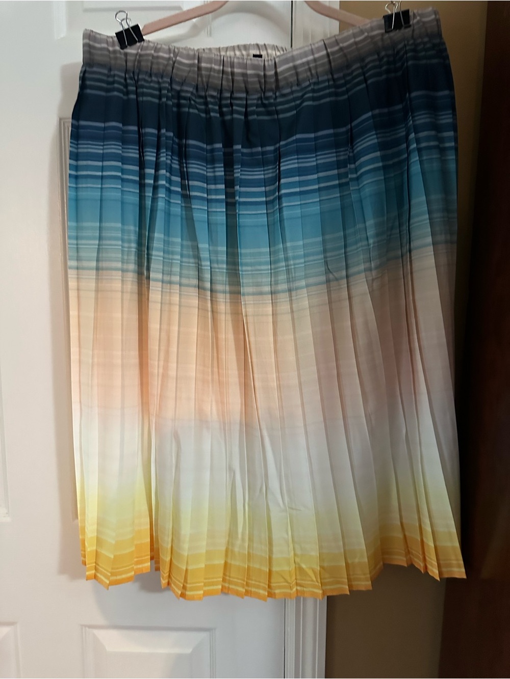 Eloquii Ombre Pleated Midi Skirt in Blue, Cream & Yellow